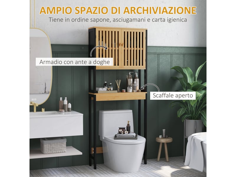  Meuble au-dessus des toilettes en bambou et mdf, 2 portes à lattes, 60 x 21,5 x 172 cm  - Conforama R