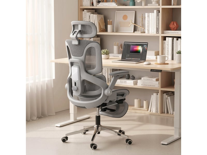  Chaise de bureau ergonomique, chaise d'ordinateur en maille avec dossier indépendant, soutien lombaire, accoudoirs rabattables 4d, grise  - Conforama C