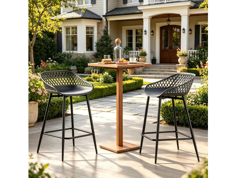 Tabouret de bar lot de 2 avec dossier ajouré, accoudoirs, repose-pieds et pieds réglables en pp et métal gris - Conforama C