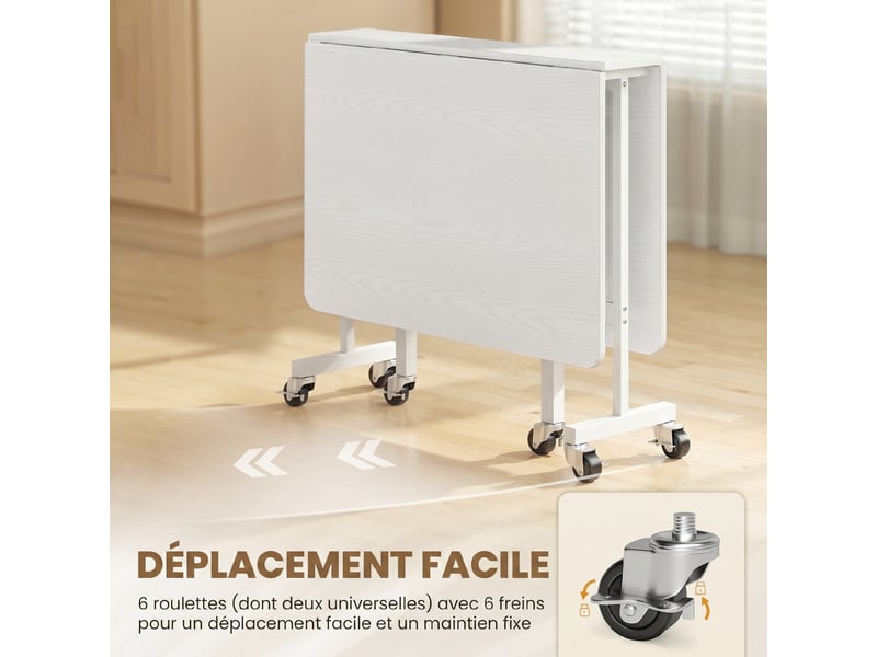  Table à manger pliante sur roulettes pour 4-6 personnes 120 cm, roues avec freins, style industriel, 2 abattants, blanc  - Conforama R