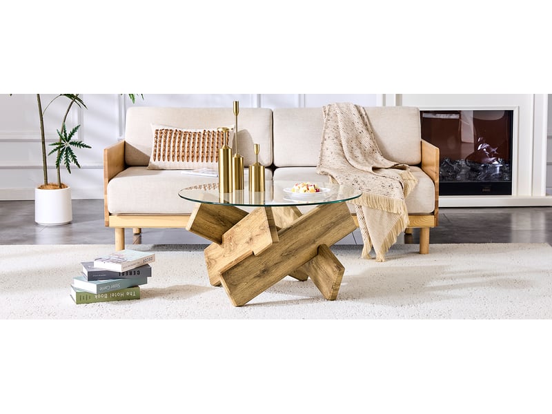  Table basse ronde 79 cm transparent bois mdf verre trempé structure croix evarich - Conforama D