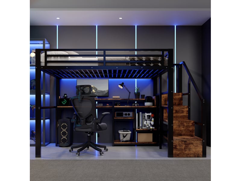  Lit mezzanine 140x200 cm, escalier rangement, bureau, usb-c, led, métal et mdf, noir et blanc, sans matelas  - Conforama D