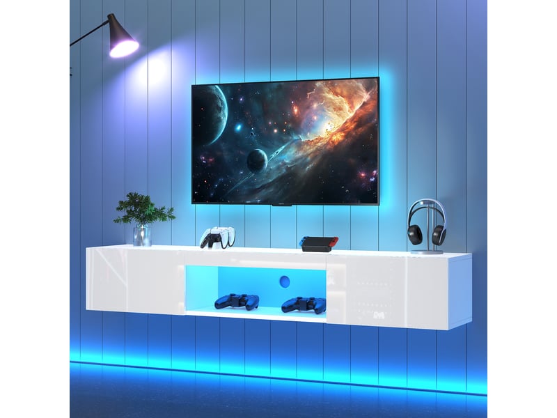  Meuble tv mural 160 cm pour téléviseur jusqu'à 70 pouces, led bluetooth, meuble tv suspendu blanc brillant  - Conforama C