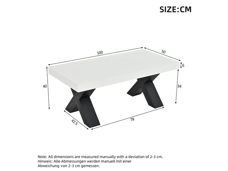 Table basse rectangulaire 100x50 cm plateau blanc brillant pieds en x noirs - Conforama C