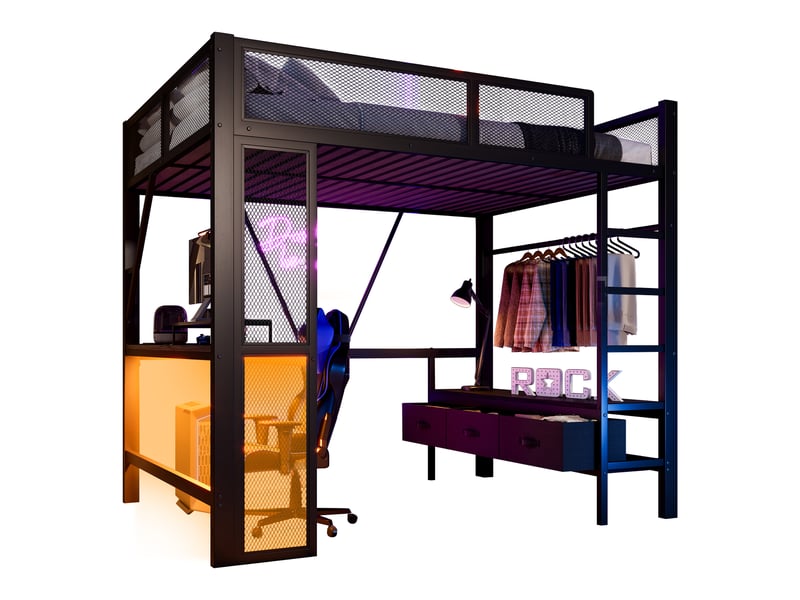  Lit mezzanine 140x200 cm coloris noir led métal lit enfant noir - Conforama A