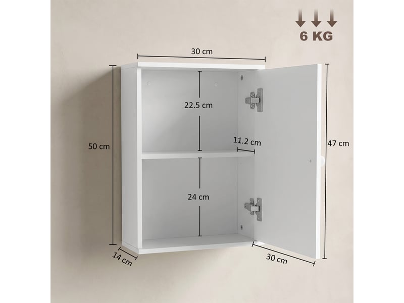  Meuble mural salle de bain blanc, étagère réglable et porte amortie, 30 x 14 x 50 cm  - Conforama E