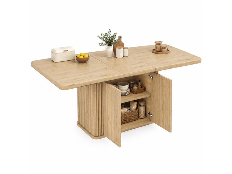  Table extensible avec rangement dissimulé et portes relief vertical pour salle à manger, bois clair, 140 × 80 × 76,5 cm  - Conforama A