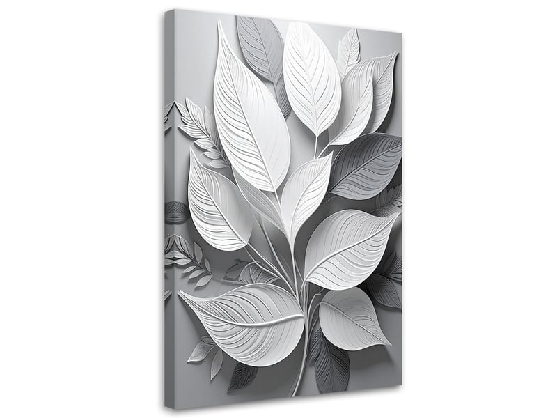 Tabelau sur toile, feuilles superposées dans des tons gris clair 20x30 1328137386 - Conforama A