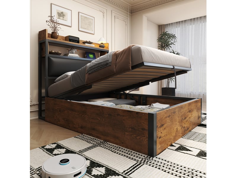 Lit coffre 90x200cm moderne rangement sous-lit tête rembourrée ports usb design rétro bois et métal noir sans matelas - Conforama W