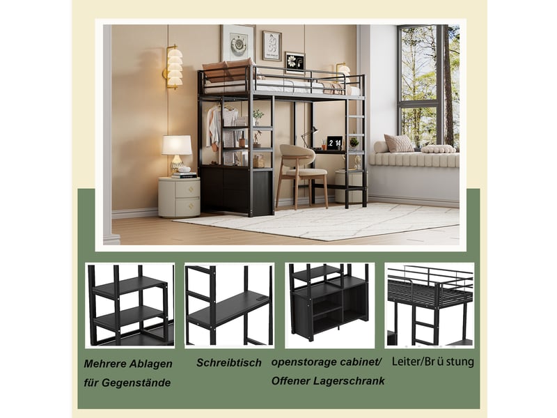  Lit mezzanine noir 90x200cm avec rangement, échelle, bureau et étagères, armoire, gain de place, durable - fer - pour enfant ado  - Conforama C