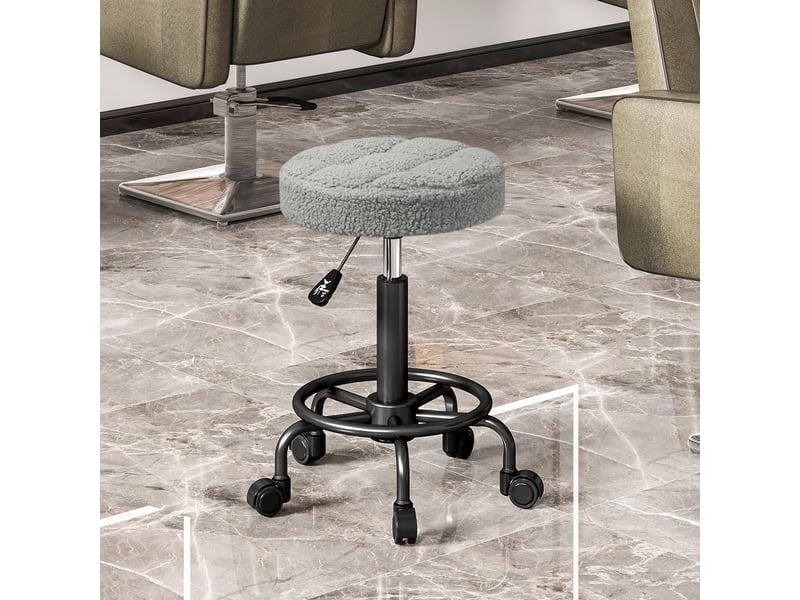  Tabouret pivotant rond avec roulettes et hauteur réglable de 50 à 66 cm avec assise en tissu effet mouton gris  - Conforama D