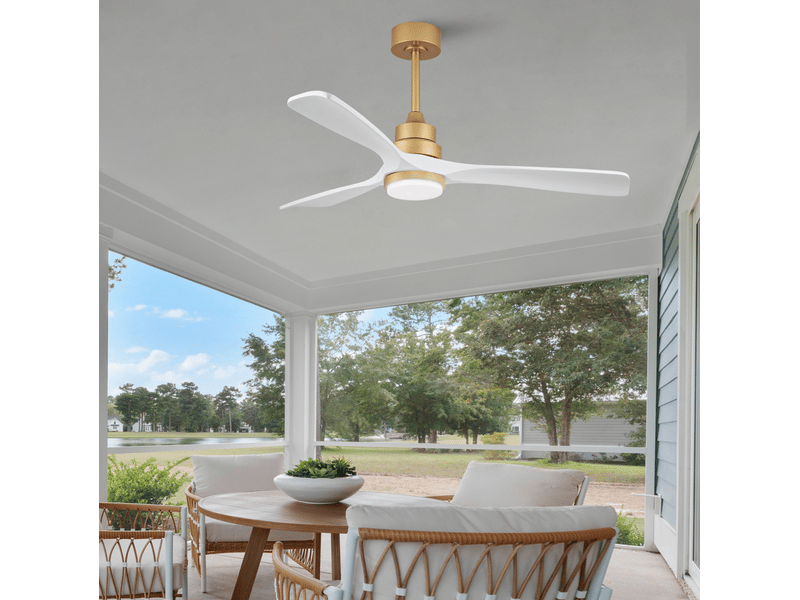  Ventilateur de plafond 52 pouces avec lumière et télécommande, pales en bois massif, fonction mémoire après coupure, moteur dc silencieux, design blanc et or pour salon et maison de campagne ORFRW5766P470016 - Conforama B