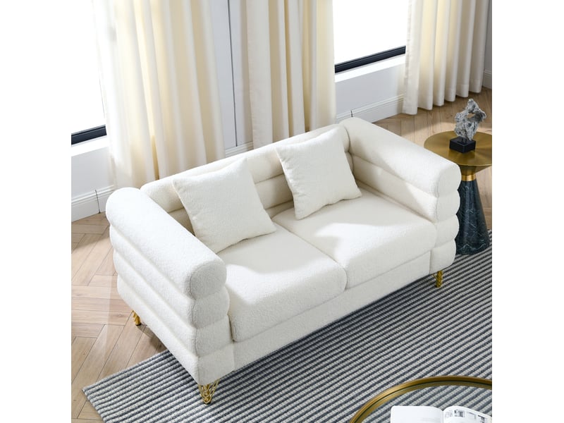  Canapé 2 places forme nuage en tissu teddy blanc avec pieds en métal doré  - Conforama R