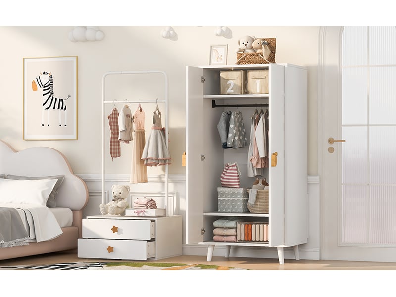  Ensemble armoire enfant 2 portes et penderie ouverte à 2 tiroirs, 140 × 55 × 170 cm, finition blanche, sur pieds  - Conforama D