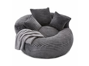 Fauteuil pouf 1 place en velours côtelé gris foncé avec 3 coussins, dossier haut et accoudoirs enveloppants