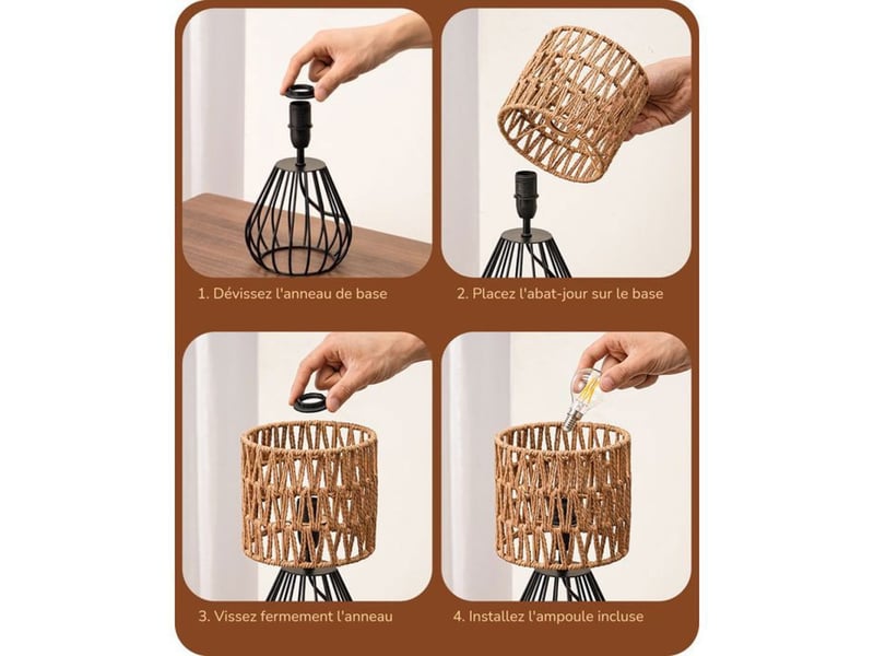  Lampe de chevet t165 style boho industriel noir et abat-jour en corde beige e14 led 2700k hauteur 29 cm 370618_AABJN35653_6_DROPFR - Conforama E