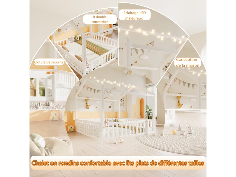  Lit cabane enfant modulable 180 x 190 cm ou 2 lits 90 x 190 cm en pin blanc avec barrières et petites lumières led  - Conforama D