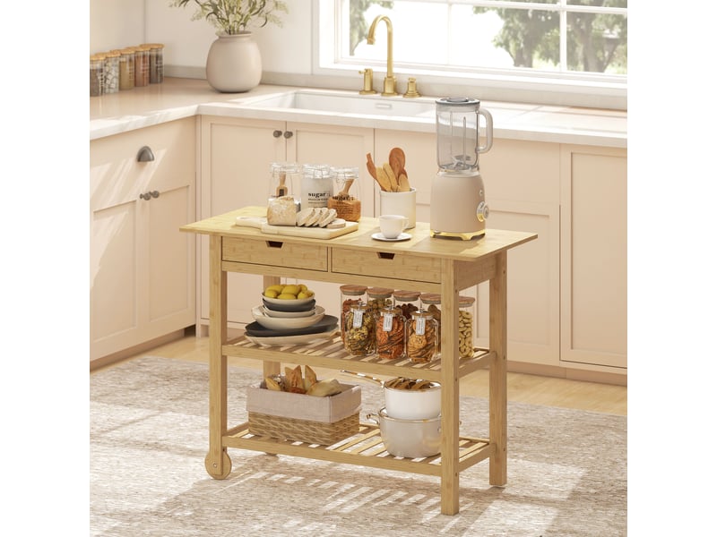  Desserte de cuisine à roulettes en bambou, chariot de cuisine avec 2 tiroirs, 2 étagères, bois naturel, 100 x 43 x 75 cm  - Conforama D