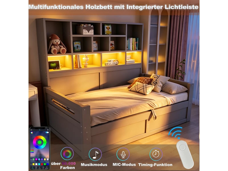 Lit simple 90 × 200 cm avec coffre relevable hydraulique, tête de lit à niches, éclairage led et prises, gris - Conforama E