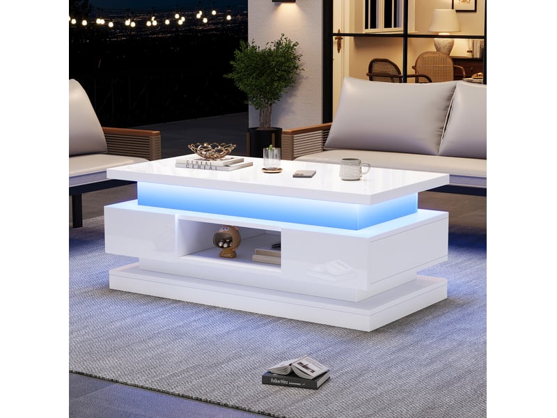  Table basse relevable 100x50x40 cm blanche avec led, 2 tiroirs et rangement  - Conforama E