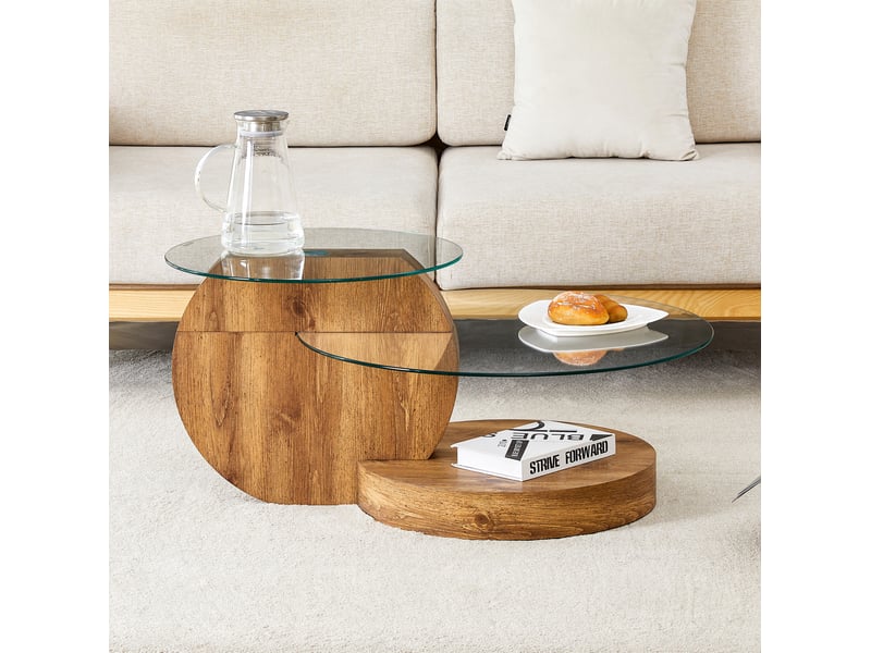 Table basse avec plateaux superposés en verre trempé et rangement, mdf bois, transparente, 78.5 × 78.5 × 24.5 cm - Conforama B