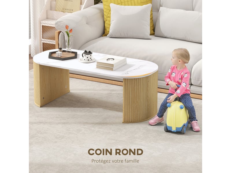  Table basse ovale, table d'appoint aspect effet marbre, coins arrondis pieds épais, blanc, 110 x 50 x 40 cm  - Conforama R