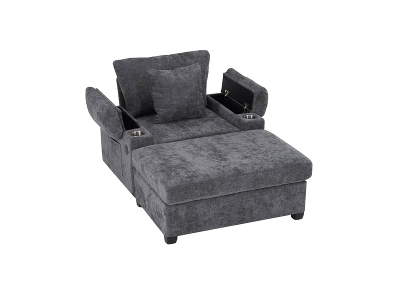 Fauteuil convertible avec repose-pieds pivotant, rangement et usb - porte-gobelets chenille gris foncé - Conforama A