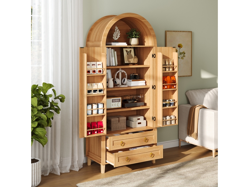 Buffet haut arche 76 cm décor bois naturel, 2 portes, 2 tiroirs et led Fay Lum - Conforama D
