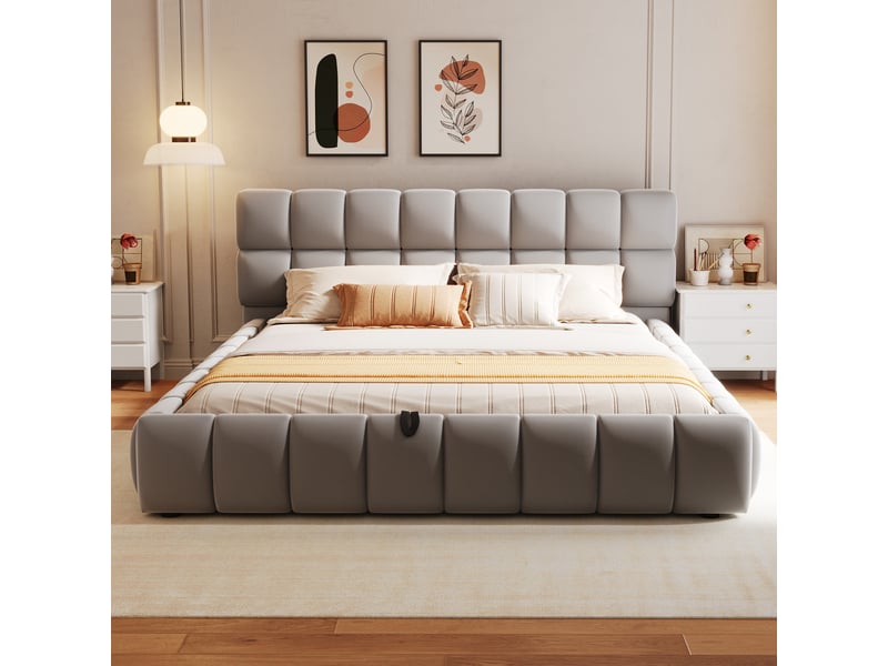  Lit coffre rembourré 140x200 cm avec rangement hydraulique, tête de lit épaisse, sommier à lattes, cadre enveloppant, velours - gris  - Conforama D