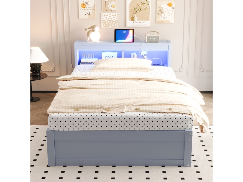  Lit sofa 90 x 200 cm gris en mdf, prise euro, led multicolore, relevage hydraulique et rangements  - Conforama E