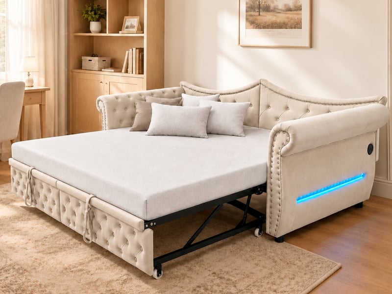 Lit rembourré 3-en-1, 90180x200 cm, avec port de chargement usb, éclairage d'ambiance led, velours beige  - Conforama B