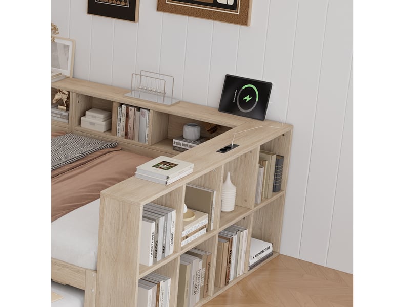 Lit gigogne en bois naturel 120 x 200 cm avec lit d'appoint 90 x 190 cm, rangements tout autour et station de charge intégrée sans matelas - Conforama D