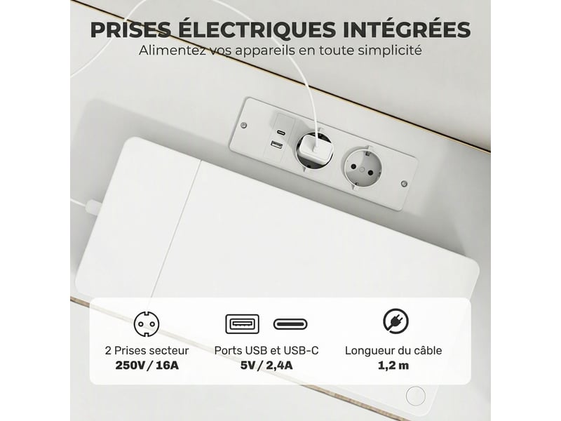  Meuble tv suspendu flottant 120 cm avec éclairage led et prises, blanc, meuble télé pour téléviseur 65 pouces  - Conforama E