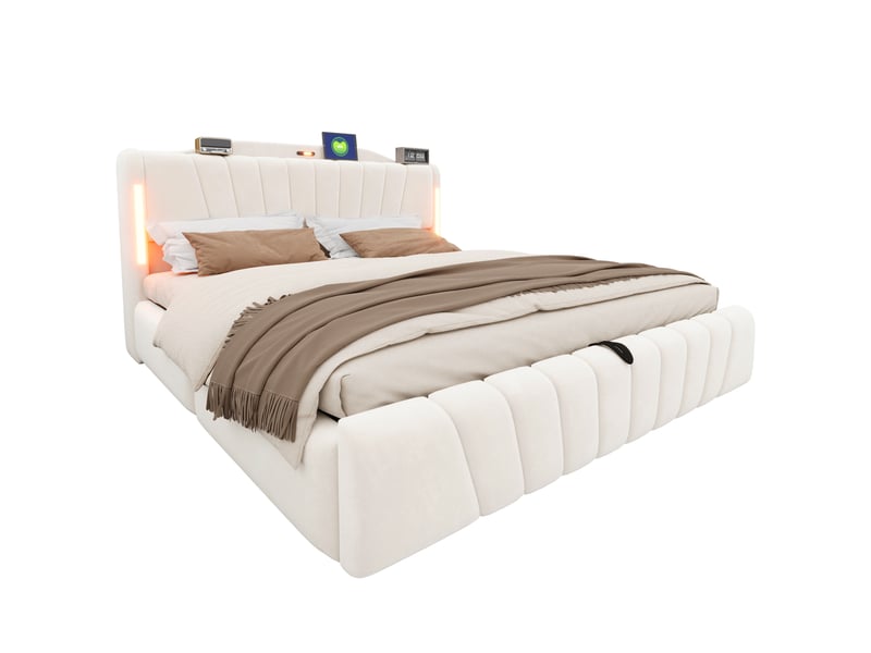 Lit coffre hydraulique 180x200 cm en velours beige avec tête de lit led, usb-c, veilleuse intégrée et rangement Morn Vibe - Conforama A