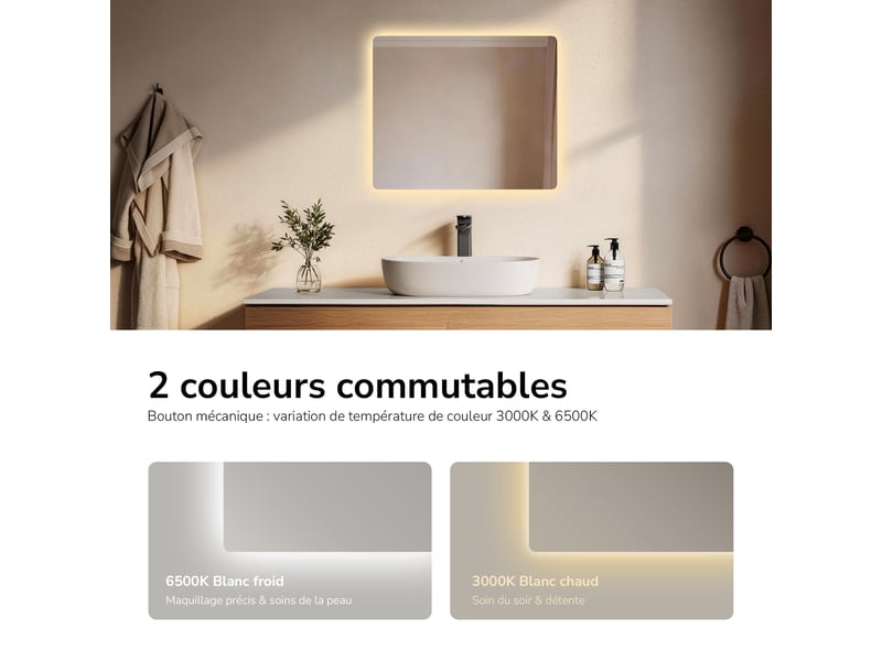 Emke miroir led salle de bain rétroéclairé 50 x 60 cm, anti-buée, interrupteur à bouton, lumière blanc froidchaud - Conforama D