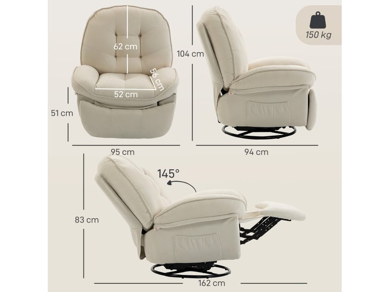  Fauteuil relax pivotant et à bascule avec dossier inclinable et repose-pieds en chenille polyester blanc crème  - Conforama B