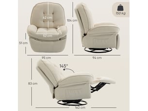 Fauteuil relax pivotant et à bascule avec dossier inclinable et repose-pieds en chenille polyester blanc crème