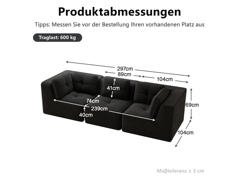  Canapé modulable d’angle 3 places en velours côtelé noir, sans montage  - Conforama C