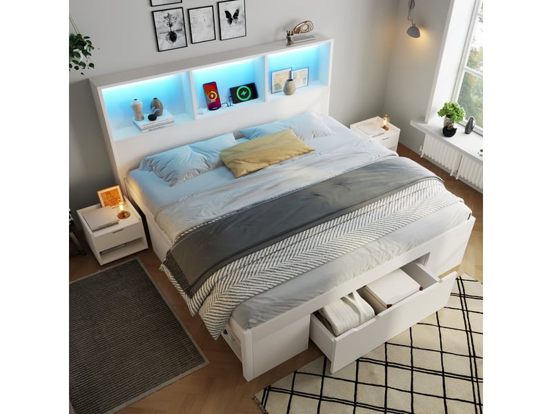 Lit 140x190 cm avec rangement et 2 chevets mobiles, lit double en bois avec tiroir, led, usb-c et étagères de tête de lit - blanc (sans matelas) - Conforama D