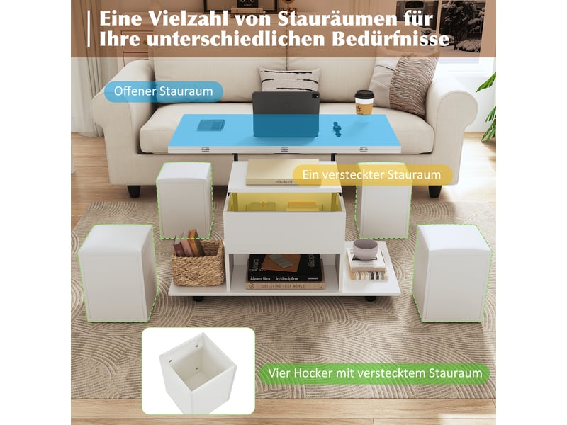  Table basse relevable blanche 3-en-1, plateau pliant, rangement, roulettes et 4 tabourets, 100 × 50 × 48cm  - Conforama D
