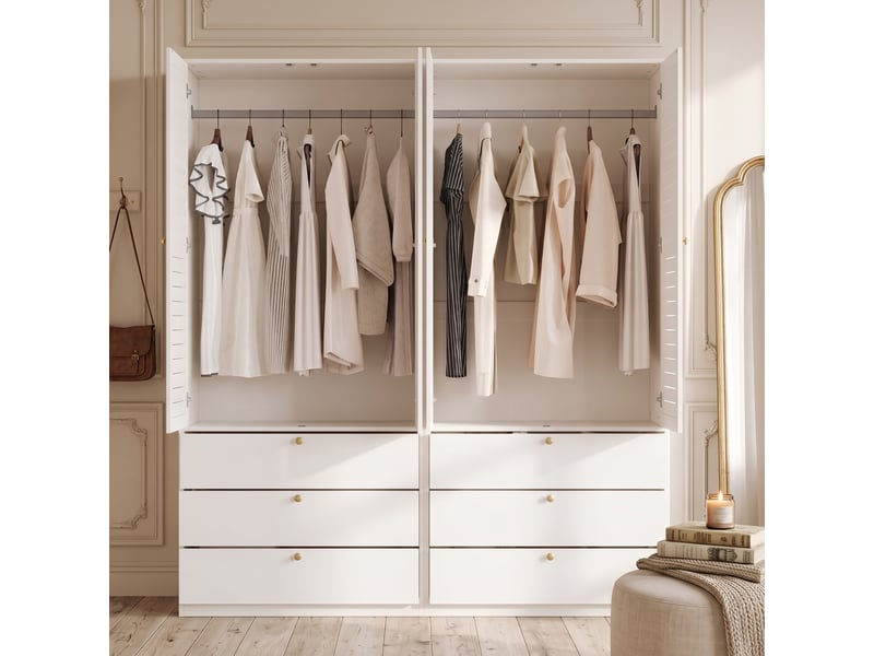 Armoire blanche 4 portes à lamelles 180 x 50 x 200 cm, portes battantes avec 2 tringles et 6 tiroirs, pour chambre et chambre d’enfant - Conforama E