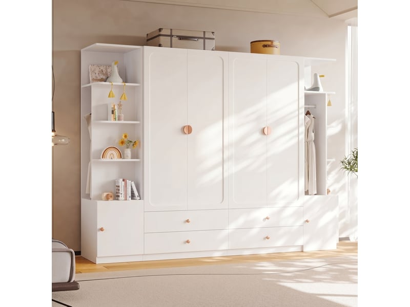  Armoire 6 portes avec 4 tiroirs et 4 penderies, rangements modulables pour chambre, blanc, 270 × 45 × 200 cm  - Conforama B