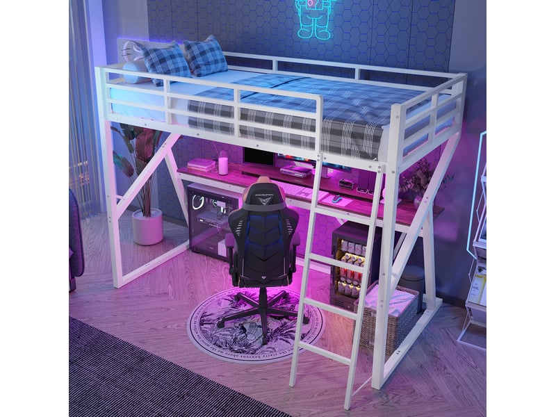  Lit mezzanine enfant 90 x 200 cm blanc avec bureau, échelle, garde-corps et led  - Conforama D