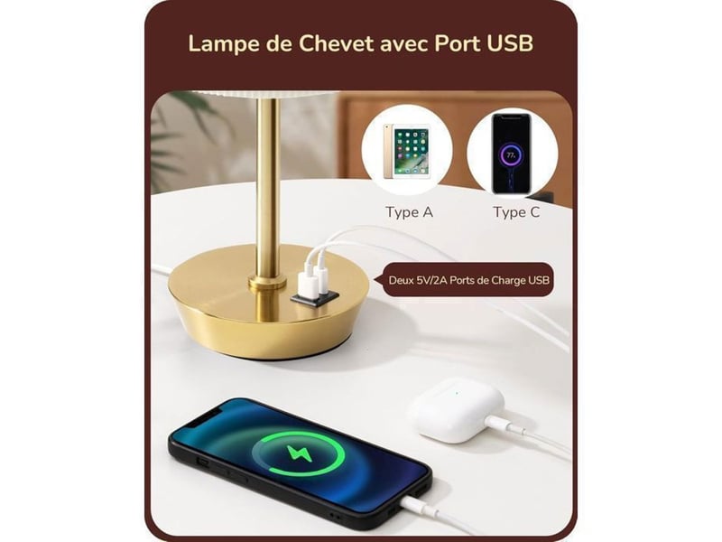  Lampe de chevet led 2 pack tactile avec variateur 3 niveaux usb-c usb-a e27 370618_AAAYP05974_6_DROPFR - Conforama C