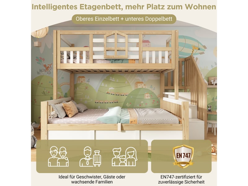 Lit superposé familial 90x200 et 140x200 cm style cabane avec fenêtre, coffre hydraulique, escalier à rangements, barrières de sécurité, bois blanc et décor chêne  - Conforama D