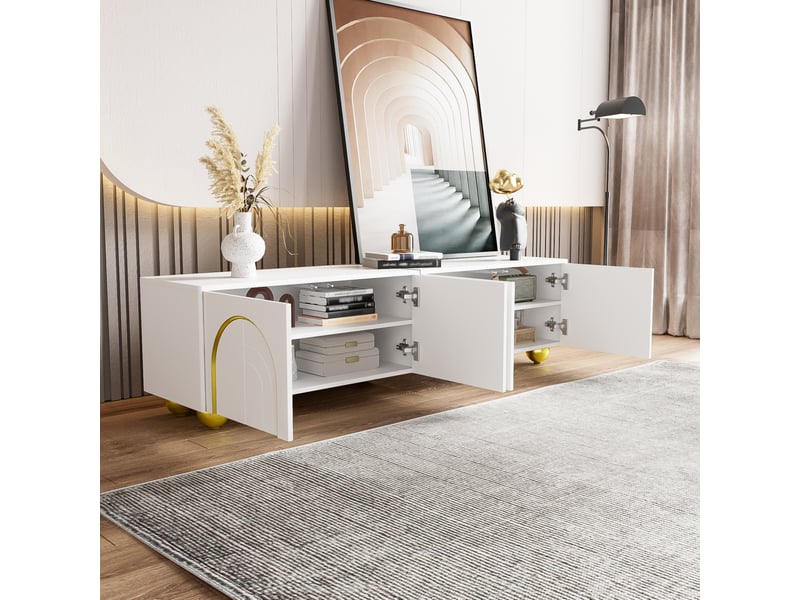  Meuble tv 170 cm blanc et doré, 4 portes, pieds dorés, ouverture push-open  - Conforama D