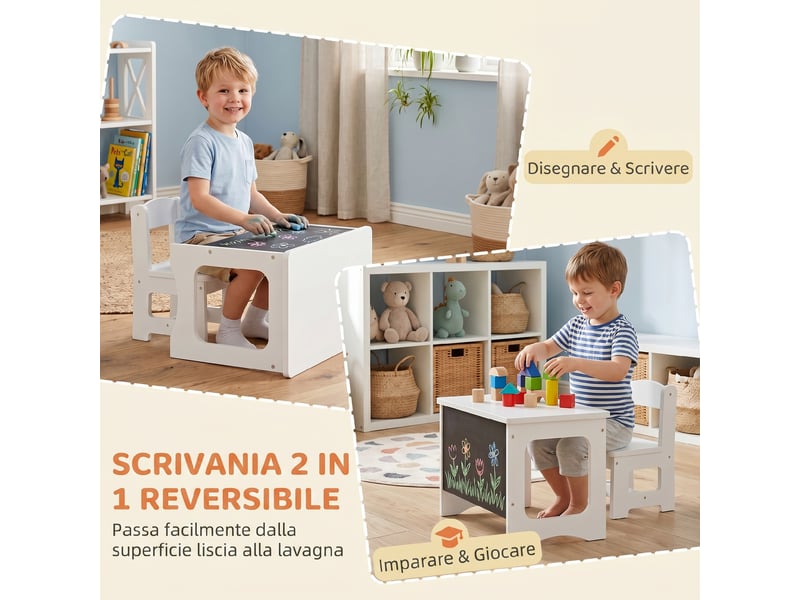  Ensemble table et chaises en bois pour enfants de 3 à 6 ans, plateau réversible, coins arrondis, blanc  - Conforama E