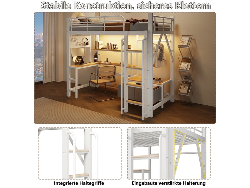 Lit mezzanine enfant 1 place 90×200 cm, led, usb, bureau et rangements - okmyhome- blanc, sans matelas - Conforama E