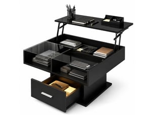 Table basse relevable avec led bluetooth, rangement et tiroir, 78 x 78 cm, noire