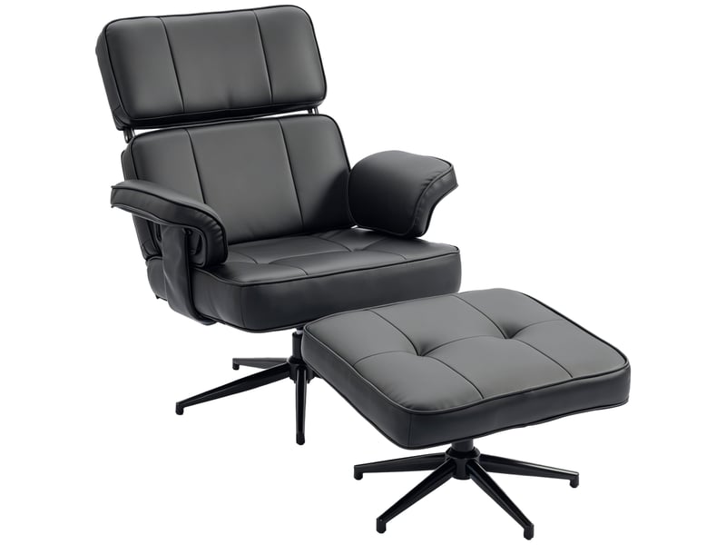  Fauteuil inclinable réglable avec repose-pieds, revêtement en similicuir, appui-tête réglable en hauteur, base en métal, noir  - Conforama A